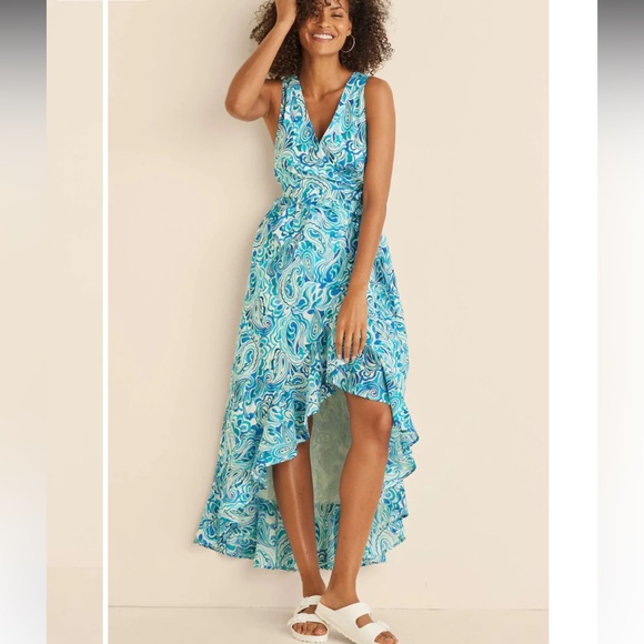 Venus Wrap Dress High Low Ruffle Printed Blue Women's Size 14 - Picture 1 of 15